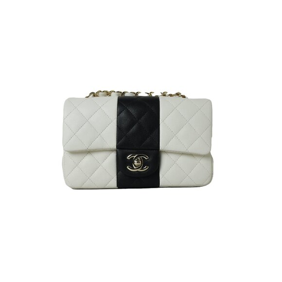Chanel Mini Flap Lambskin Bag White Black Stripe - Picture 1 of 3
